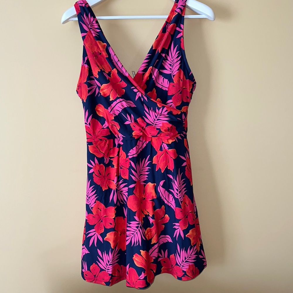 Lands' End Navy One-Piece Swim Dress with Pink and Red Floral Print